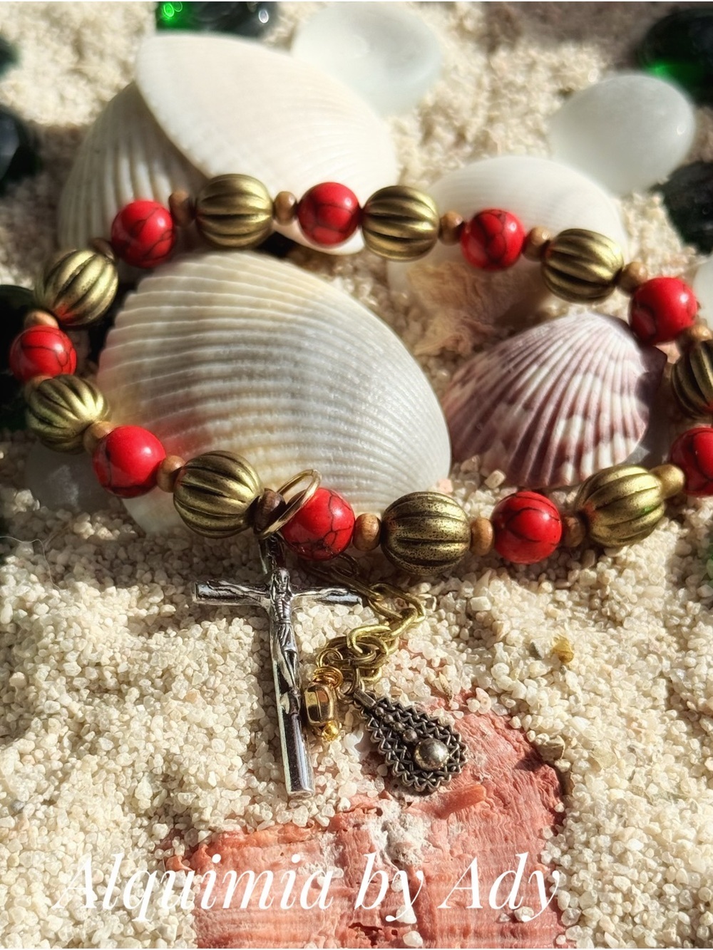 AMERICANA Red and Gold Rosary-Style Beaded Bracelet with Cross Charm